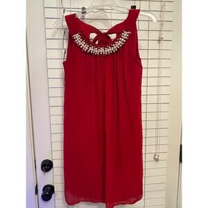 En Focus Studio Shift Mini Dress Beaded Neckline Stretch Bright Red Women's Sz 4